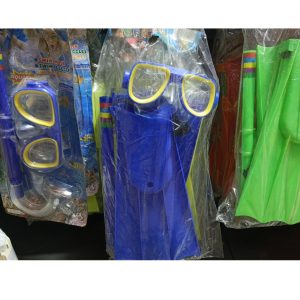 plastic fins and diving goggles