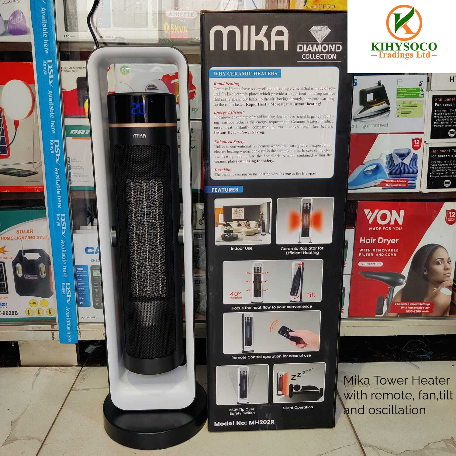 Mika Tower Heater with Remote, Fan, Tilt Protection and Oscillation