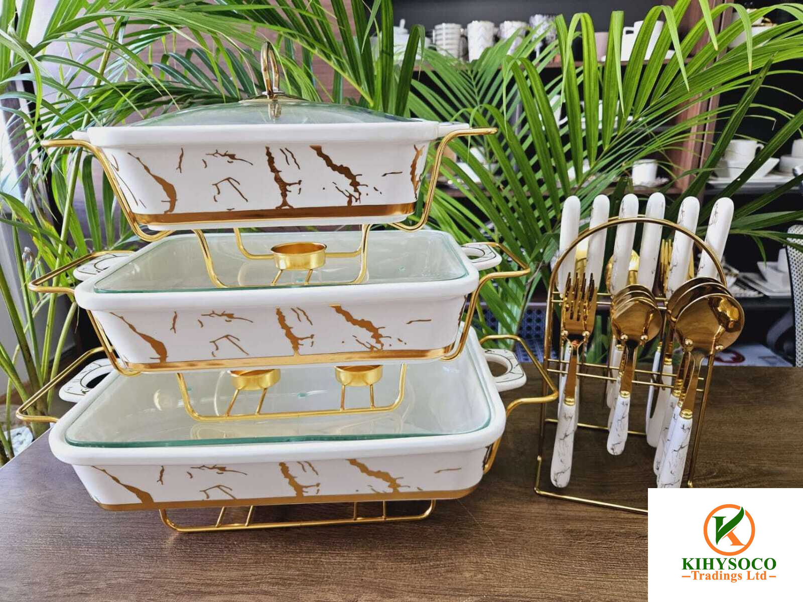 3pcs White & Gold Ceramic Chafing Dish Set